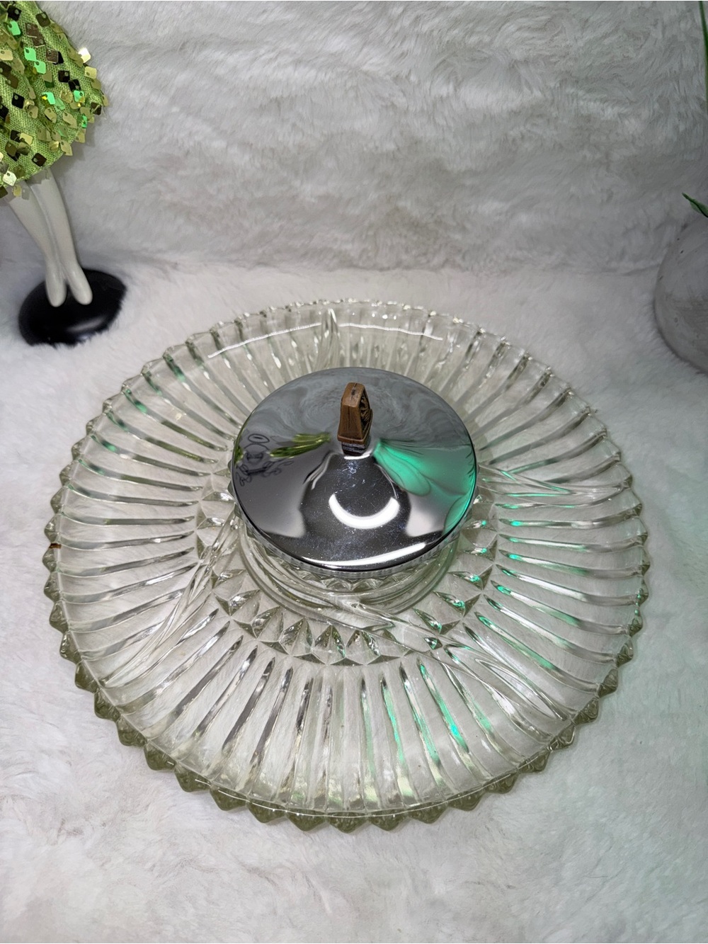 Vintage Clear Glass Covered Serving Dish with Chrome Lid & Wood Handle - Picture 2 of 4